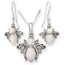 Sterling Silver & WHITE OPAL Bumble BEE Pendant, Necklace, Earrings, Handmade UK
