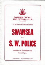 Swansea v South Wales Police 4 Nov 1980 RUGBY PROGRAMME