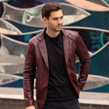 Mens Burgundy Genuine Leather Blazer Classic Two Button Vintage Jacket Coat Gift