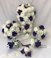Wedding bouquets Flowers Ivory Rose purple, Bride, Bridesmaid, Flower-Girl Wand