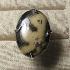Sterling silver large hematite picture agate ring UK O/US 7.25. Gift bag.