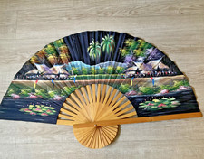 Vintage Oriental hand fan bamboo frame handpainted fabric design 60 x 100cms