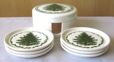 VINTAGE CLOVERLEAF CHRISTMAS TREE ROUND COASTERS x 6 WITH STORAGE BOX
