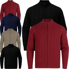 Mens Zip Up Cardigan Cable Knitted High Neck Jumper Smart Casual Warm Knitwear
