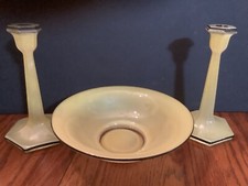 VINTAGE YELLOW BOWL & MATCHING CANDLE HOLDERS,  SIDE BOARD OR TABLE CENTERPIECE