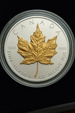 2007 Canada Silver Maple Leaf £5 1 oz .9999 Fine Silver Gold Plated LeafBU