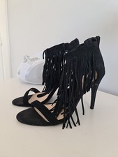 Gorgeoys Black Faux Suede Fringe Sandals Heels, Size 6, New Look, Exc Condition