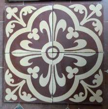 4 Antique Tiles 6x6 Victorian Encaustic Church Floor Burgundy & Buff 12x12 SET