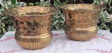 Pair Of Brass Frett Work Planters Vintage Ribbed Hearts Arches Aged Patina READ