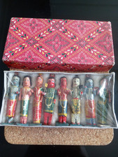 VINTAGE HAND CRAFTED & PAINTED WOOD HINDU GODS SET OF 8  MINIATURE BOXED