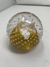 VINTAGE CAITHNESS ART GLASS CAULDRON PAPERWEIGHT Yellow SWIRLS  BUBBLE II