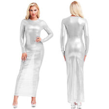 UK Women's See Through Maxi Dress Metallic Sheer Long Sleeve Bodycon Clubwear 