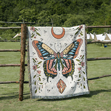 Boho Butterfly Blanket Celestial Moon Cotton Throw Tapestry Home Decor 130x160cm