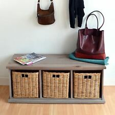 Tetbury acacia wood storage bench with 3 storage baskets ASSEMBLED