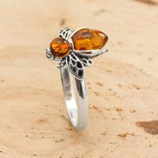 HONEY BALTIC AMBER BEE STERLING SILVER RING NEW WITH BOX