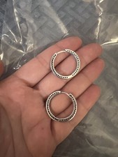 Real 925 Sterling Silver Sparkling crystal Heart  Hoop Earrings round 25mm Wide