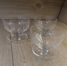3 Etched Crystal Glass Footed Sundae Dishes Dessert Ice Cream Bowls Vintage