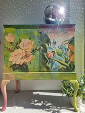 PAINTED CABINET DECOUPAGE Green floral Funky cupboard Sci Fi TV Unit Sideboard