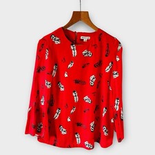 Whistles Blouse Top Size 10 Red Multi Feather Print Millie Frill Sleeve Smart