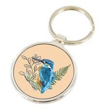Kingfisher Bird In Garden on Orange Circle Round Metal Keyring