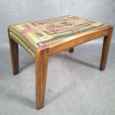 Vintage Mid-Century Foot Stool Geometric Tapestry Cat Upholstery Wooden Frame