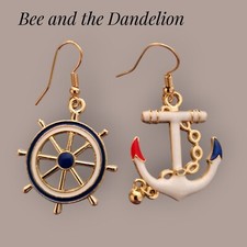 Anchor And Ships Wheel Enamel Gold Tone Earrings
