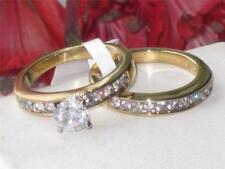 Ladies gold ring set wedding band engagement solitaire channel bridal 18kt 003