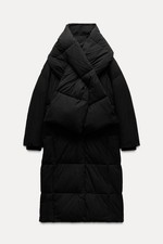 ZARA Collection M L Black Water-Repellent Padded Scarf Long Puffer Jacket Anorak