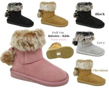 Girls Pull On Boots Fluffy Trim Warm Flat Low Heel Bootie Sizes 8.5-5