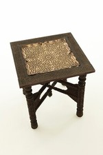 Vintage Hardwood Carved Side Table with Hammered Brass Tray insert Moroccan