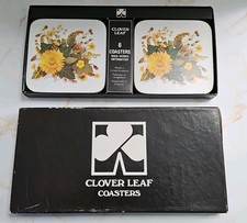 COASTERS MATS CLOVER LEAF  x 6 YELLOW  FLOWERS FLORAL CC20 FLEUR VINTAGE  BOXED