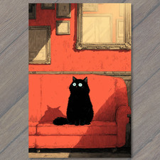 Art Print Black Cat Red Couch
