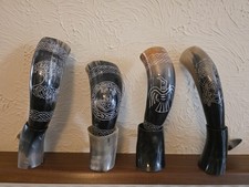 67x Hand Engraved Ox Viking Drinking Horns. Mjolnir, Fenir, Raven & Tree Of Life