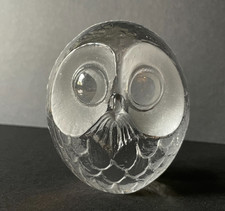 Mats Jonasson Crystal Owl Signed - Vintage Swedish Art Glass Paperweight
