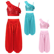 Girls Belly Dance Performance Sequins Ruffle Crop Tops and Satin Bloomers Pants 