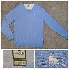 Magee Tailored Fit Pale Blue Cotton Knit V Neck Jumper Men's Size Medium