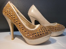 KRASCEVA Gold Rhinestone Platform High Heels Size UK 6 – Sparkly Party Shoes
