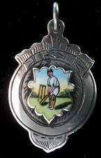 Attractive Silver Enamel Medal / Watch Fob - Cricket / Batsman 1925 Birmingham 