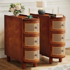 2PCS Solid Wood End Table, 3-Drawer Rattan Side Table, No Assembly Required