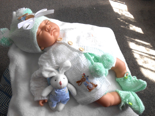 Hand knitted mint bunny - hand,