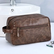 Water-resistant PU Leather Toiletry Bag Men Large Travel Wash Shaving Dopp