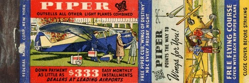 Piper airplane matchbook - piper,