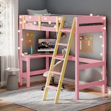 3FT Bunk Bed Single High Sleeper Loft Cabin Bed Pine Wood Frame Kids Study Desk