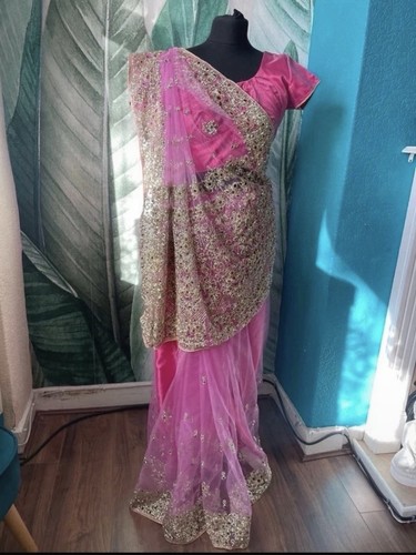 Pink net saree sequins - pink,