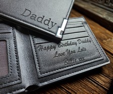 Personalised Engraved PU Black Leather Wallet  Anniversary Birthday Gift Dad Son