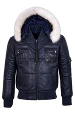Men's Puffers Hooded Bomber Jacket Navy Real Lambskin Leather Pilot 6 Puffer