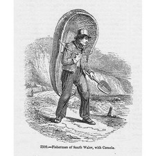 Fisherman of South Wales with Coracle - Antique Print 1856