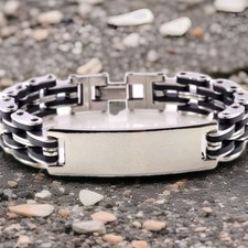 PERSONALISED Mens stainless steel / Rubber ID bracelet engraved Husband Son Gift