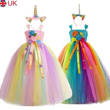 UK Long Kids Flower Girls Fancy Dress Up Princess Cosplay Party Costume Outfit