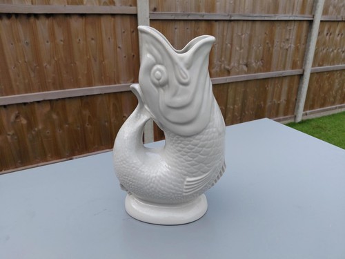 White ceramic gluggle jug - ceramic, fish